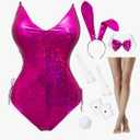 Womens Bunny Costume Girl Bodysuit Holographic Shining Suit Sparkle Costume Senpai Cosplay Bodysuit One Piece stockings Set, 2XL