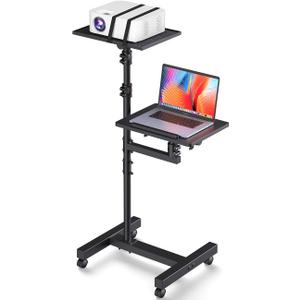 2 Shelves Projector Stand Tripod, Mobile Laptop Cart on Wheels Projector Tripod Stand Adjustable Height 45 to 64 Inches, Overbed Table with Wheels, Rolling Laptop Floor Stand for Couch