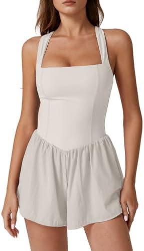 QINSEN Women's Square Neck Sleeveless Romper Jumpsuit Casual Summer One Piece Outfit with Pocket, L