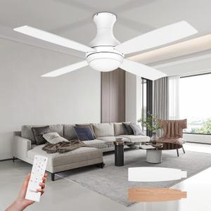Consciot Ceiling Fan With Lights, 52 Inch Modern Low Profile Ceiling Fan, Remote Control, Quiet Reversible DC Motor, Dimmable 3 Color, 4 Double Finish Blades, Flush Mount, Indoor Only, White