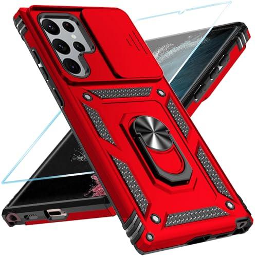 SunStory Phone Case for Samsung Galaxy S22 Ultra 5G Case with HD Screen Protector & Slide Camera Cover & Rotated Ring Kickstand, [Military-Grade] [2 in 1] Phone Case for Galaxy S22 Ultra 6.8",Red