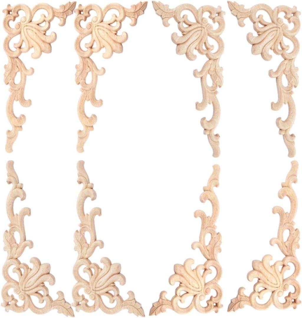Wood Carved Onlays, 20x10cm/7.87"x3.94", Left&Right Decorated Furniture Appliques, Wooden Carving Corner Decals for Cabinet Drawer Cupboard Dresser Mirror Door Wall Bed DIY Projects (4-Pair(8Pcs))