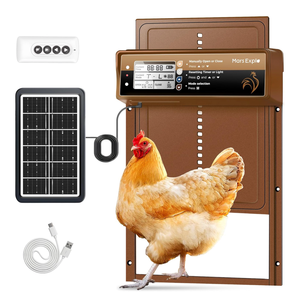 Solar Powered Automatic Chicken Coop Door, LCD Display, Timer & Light Sensor, 20-m Remote Control, Electirc Door,4 Modes, USB Rechargeable Battery, Brown