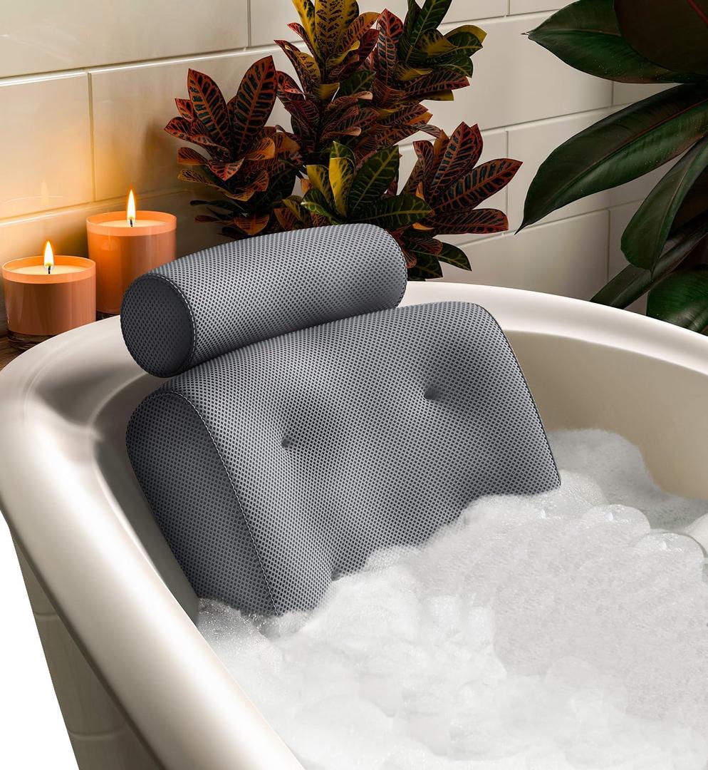 Everlasting Comfort Luxury Bath Pillows for Tub with Head and Neck Support - Non-Slip Bathtub Pillow with Suction Cups, Quick-Drying Mesh & Drying Hook - Jacuzzi & Spa Accessories for Women - Gray