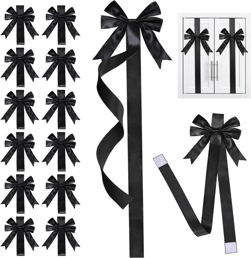 12Pcs Christmas Cabinet Ribbons Bows Decorations Large Silk Knob Covers Easy to Install Kitchen Cabinet Door Ribbon and Bows for Fireplace Festive Decor Xmas Tree Wreath Party Supplies(Black)