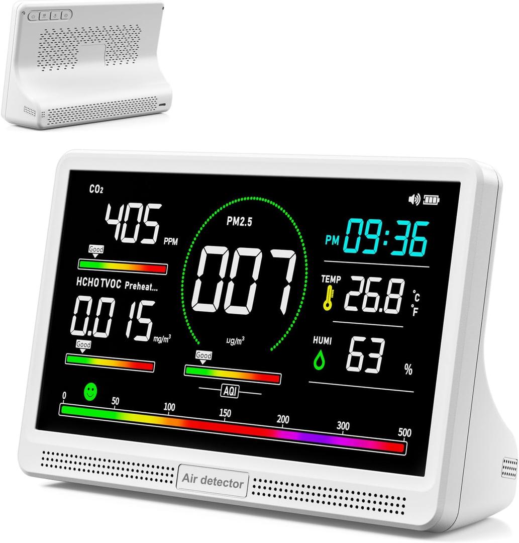 16 in 1 Air Quality Monitor Indoor 7" Large Display 9 AQI+7 Alerts, CO2 Monitor Air Quality Tester for CO2, TVOC, PM2.5 PM1.0 PM10, HCHO Temperature Humidity AQI & Time Air Quality Meter for Home