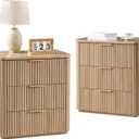Fluted Nightstand Set of 2, 23" W Night Stand with 3 Drawers, Wood Bed Side Table with Faux Marble-Top, Curved Corner, Metal Handle, Modern Bedside Table for Bedroom, Living Room, Office, Natural Oak