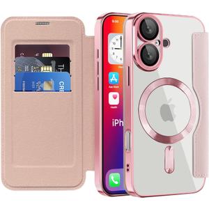 Dteck for iPhone 16 Case 6.1" 2024, Clear Back Magnetic Flip Wallet Phone Case with RFID Blocking Card Slots & Camera Lens Protector, Compatible with MagSafe, PU Leather Fold Cover with Stand, Pink