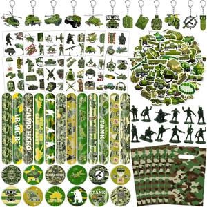 122 PCS Army Party Favors, Military Camo Temporary Tattoos Slap Bracelets Keychains Stickers Badges Goodie Bags Soldiers Figures for Army Birthday Party Decorations Gifts for Kids Classroom Rewards