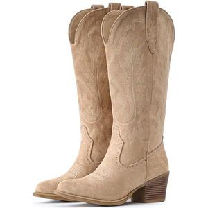 IUV Suede Cowboy Boots For Women Chunky Heel Pointed Toe Cowgirl Boots Mid Calf Western Embroidery fall Boot, 7.5