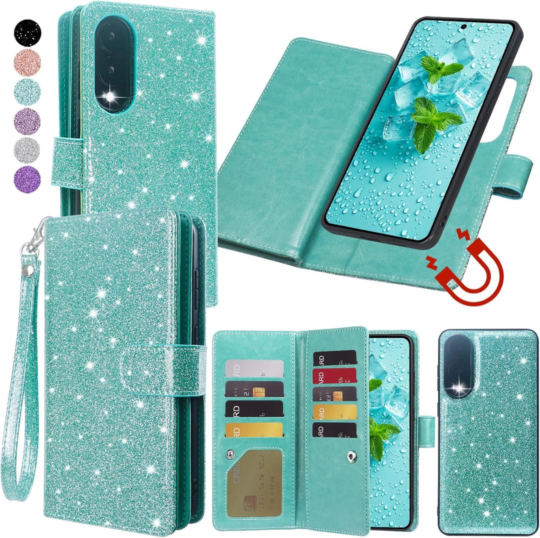 Varikke for Galaxy S25 Edge Wallet Case Detachable with RFID Blocking Card Holder for Women, Glitter Leather Strap Magnetic Flip Removable Phone Case for Samsung Galaxy S25 Edge 6.7", Mint Green