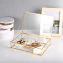 Feyarl Gold Glass Jewelry Trinket Box 5 x 7 Photo Cards Shadow Lidded Box Organizer Collection Display Case Decorative Keepsake Box for Home Deco (8.66 x 5.9 x 1.96inch)