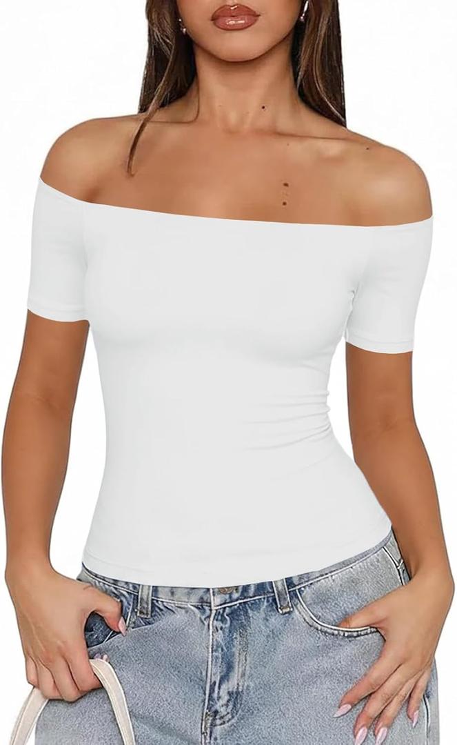 Fisoew Off The Shoulder Tops for Women - Going Out Summer Short Sleeve Shirts Cute Y2k Sexy 2026 Date Basic Outfits (White, S)
