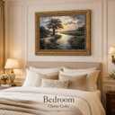 Canvas Wall Art Framed,River Tree Sunset Landscape Painting, Vintage Gold Framed Picture Poster Prints Artwork for Home Wall Decor,12x16 Inch