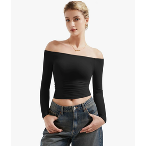 SUUKSESS Women Off Shoulder Double Lined Long Sleeve Shirts Basic Going Out Tops S