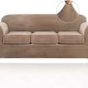 PrinceDeco Velvet Couch Covers for Sofa Soft 4 Pieces Couch Covers for 3 Cushion Couch Sofa Pet Friendly Furniture Protector with Non Slip Elastic Bottom Width Up to 90 Inch (Large, Camel)
