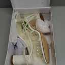 Women's Pearl Embellished Ankle Strap Sandals, Block Heel, White Satin, Wedding Party Shoes,3.3 Inches 8.5, Ivory White