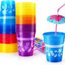 4E's Novelty 48 Packs Tropical Party Cups with Parasol Straws - Disposable Plastic Cups 16oz BPA free, for Hawaiian Luau Party and Pool Parties, Beach Theme Birthday Decorations for Kids & Adults