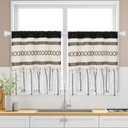 FRAMICS Farmhouse Linen Kitchen Curtains 24 Inch Length Black Striped Short Curtain for Windows Boho Crochet Small Window Curtains for Kitchen Rod Pocket Tier Curtain for Bathroom, Cafe, 2 Panels