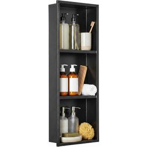 304 Stainless Steel Shower Niche 12” x 36” for Bathroom Storage | Matte Black Recessed Shower Niche No Tile Needed with 3-Tier Shelves