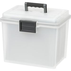 IRIS USA File Box WeatherPro Portable File Organizer Plastic File Box for Letter File w/ Organizer-Lid, Durable Lid and Seal w/ Secure Latching Buckles, Stackable and Nestable, Pearl 19 Qt. 1 Pack