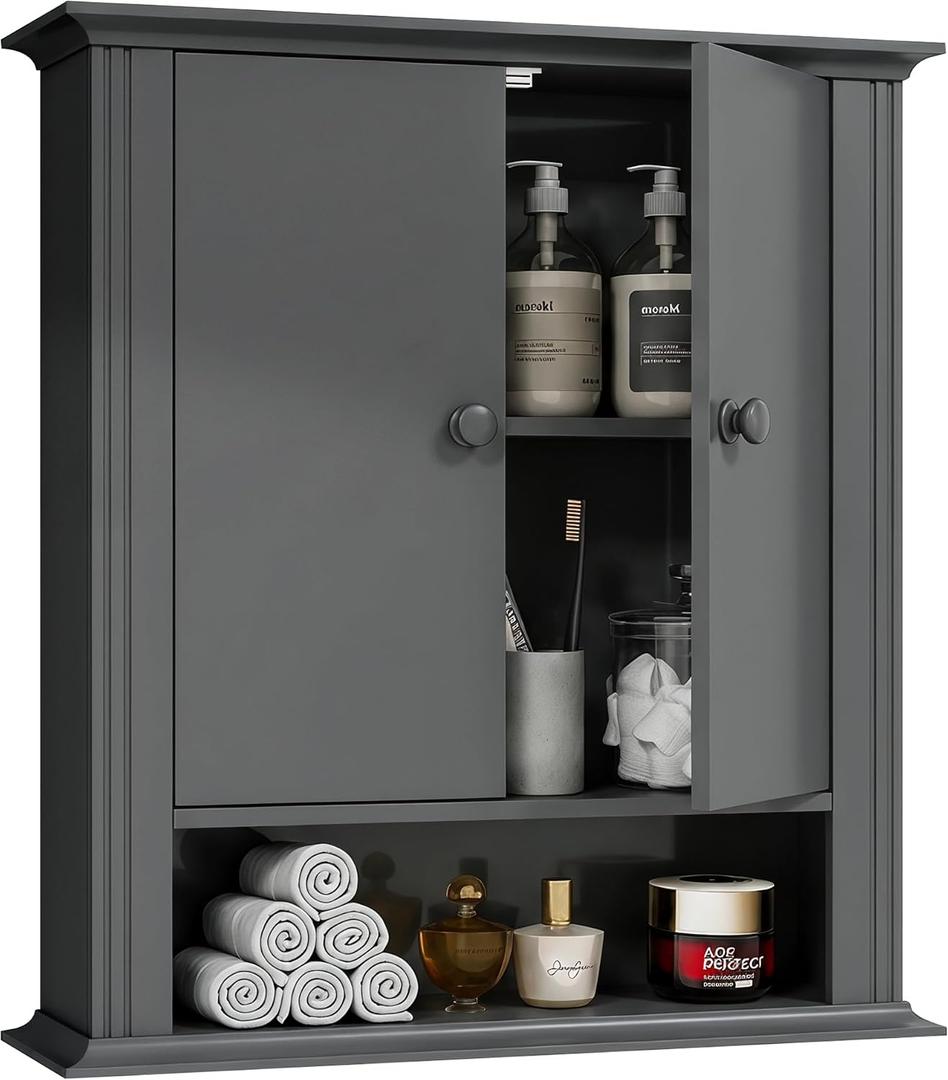 Bathroom Wall Cabinet, Over The Toilet Storage With Adjustable Shelf, Wall Mount Hanging Cabinet,2 Magnetic Doors, Middle Grey, 7.2"D x 22.8"W x 22.5"H