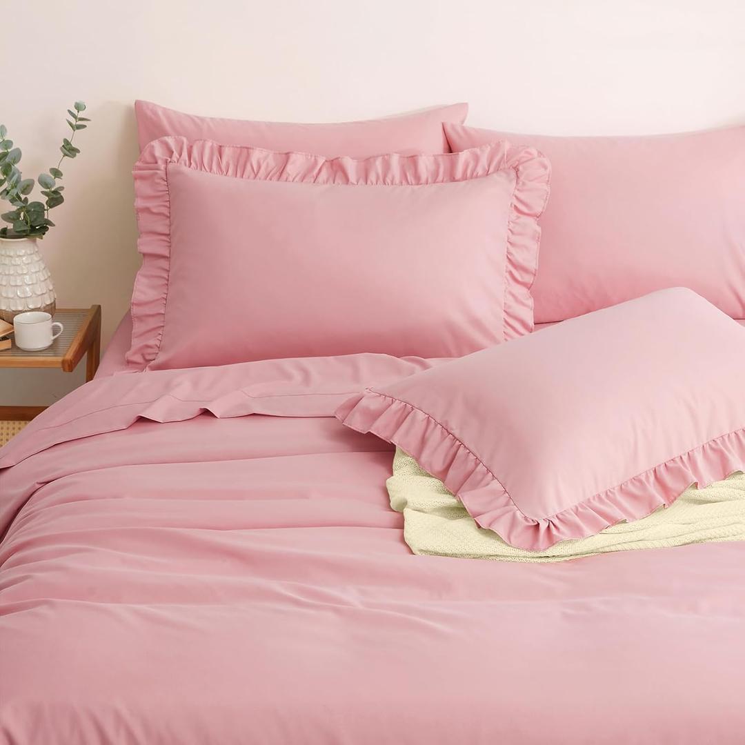 Horbaunal Dusty Pink Ruffle Sheets Twin Size 4 Piece, Fits 16" Deep Mattress, Microfiber Pink Twin Sheets with 1 Ruffled Pillowcases, Shabby Chic Bed Sheet Set