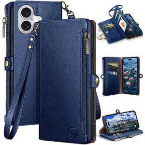 XcaseBar Compatible with iPhone 16 6.1" Wallet case with Zipper Credit Card Holder【RFID Blocking】, Flip Folio Book PU Leather Phone case Shockproof Cover Women Men for Apple 16 case Blue