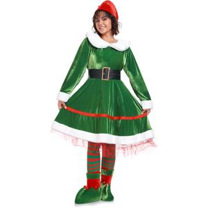 WeGuard Elf Costume for Women 5pcs Christmas Outfit Adult Santa Dress Plus Size with Hat Belt Shoes Cover Socks Xmas