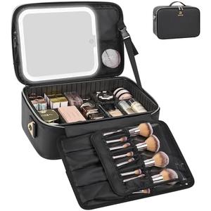 Relavel Makeup Train Case With LED Mirror, Professional Travel Cosmetic Bag with Removable Partitions,Compact Makeup Organizer, Waterproof Toiletry Case for Women, Black