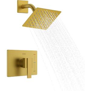 KENES Brushed Gold Shower Faucet, Modern Square 6-Inch Shower Head and Handle Set, Bathroom Rainfall Shower System Wall Mount, KE-6025B-4 (Including Shower Valve)