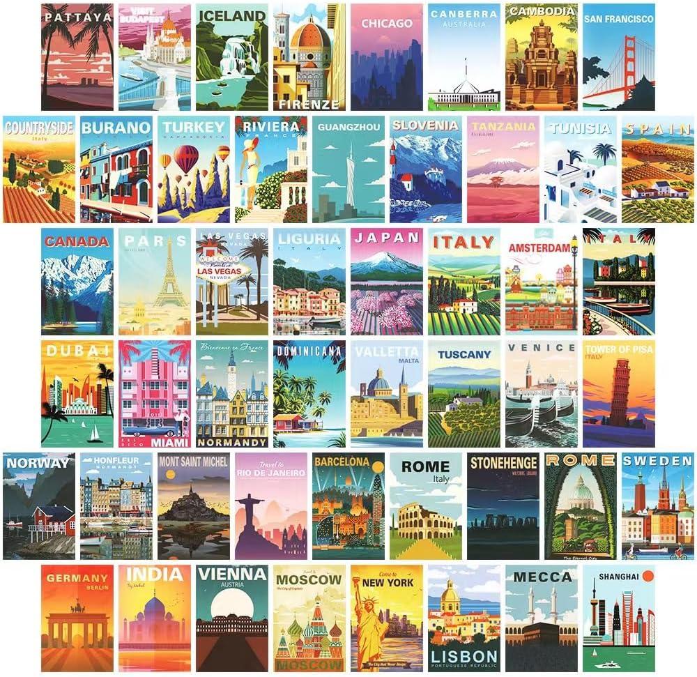 50pcs Vintage Travel Posters Wall Collage Kit Trendy Urban Travel City Aesthetic Wall Decor Retro Popular Cities Poster Postcard for Teens(B)