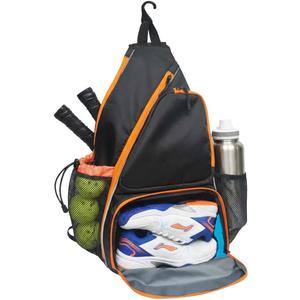Pickleball Sling Bag with Shoe Compartment for Men Women, Professional 2-3 Paddle Backpack, Large Capacity Bag with 36oz Water Bottle Pocket & Fence Hook (Black/Amber)