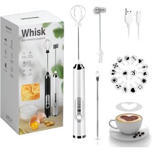 Rechargeable Milk Frother - 3-Speed Electric Handheld Coffee Mixer With 2 Whisks and Decoration Tool, Stand-up Design for Latte, Cappuccino, Cream (White)