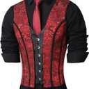Mens Corset Vest Wasit Trainer Red Print Medieval Waistcoat Lace Up Bones Formal Tops Wedding Stage (X-Large)