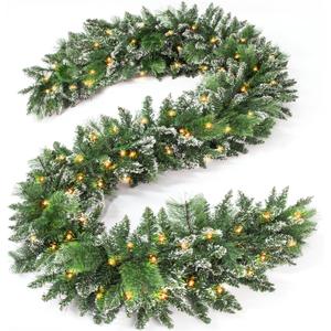 Jin&Bao 9FT Christmas Garland with Lights, 100 LED Prelit Green Pinecone Garland Christmas Decorations with Timer Function, 3AA Battery Operated Xmas Garland Mantle Stairs Door Outdoor