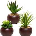 MyGift Succulents Plants Artificial, Fake Faux Indoor House Plants in Round Brown Ceramic Pots, Set of 3