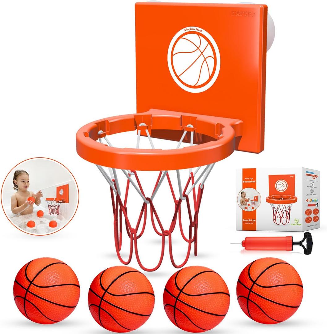 Bath Toys - Bathtub Basketball Hoop for Kids, Toddlers - Suction Cup Basketball Hoop and 4 Soft and No Hole Balls - Baby & Toddler Mini Basketball Hoop - Boys & Girls (Orange 4 Balls (With Stripes))