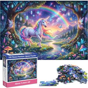 Unicorn Jigsaw Puzzles for Kids Ages 4-6 6-8 8-10, 100 Piece Magical Rainbow Puzzle for Girls Boys Adults, Large Educational Learning Toy with 1:1 Poster, Enchanted Forest Birthday Gift