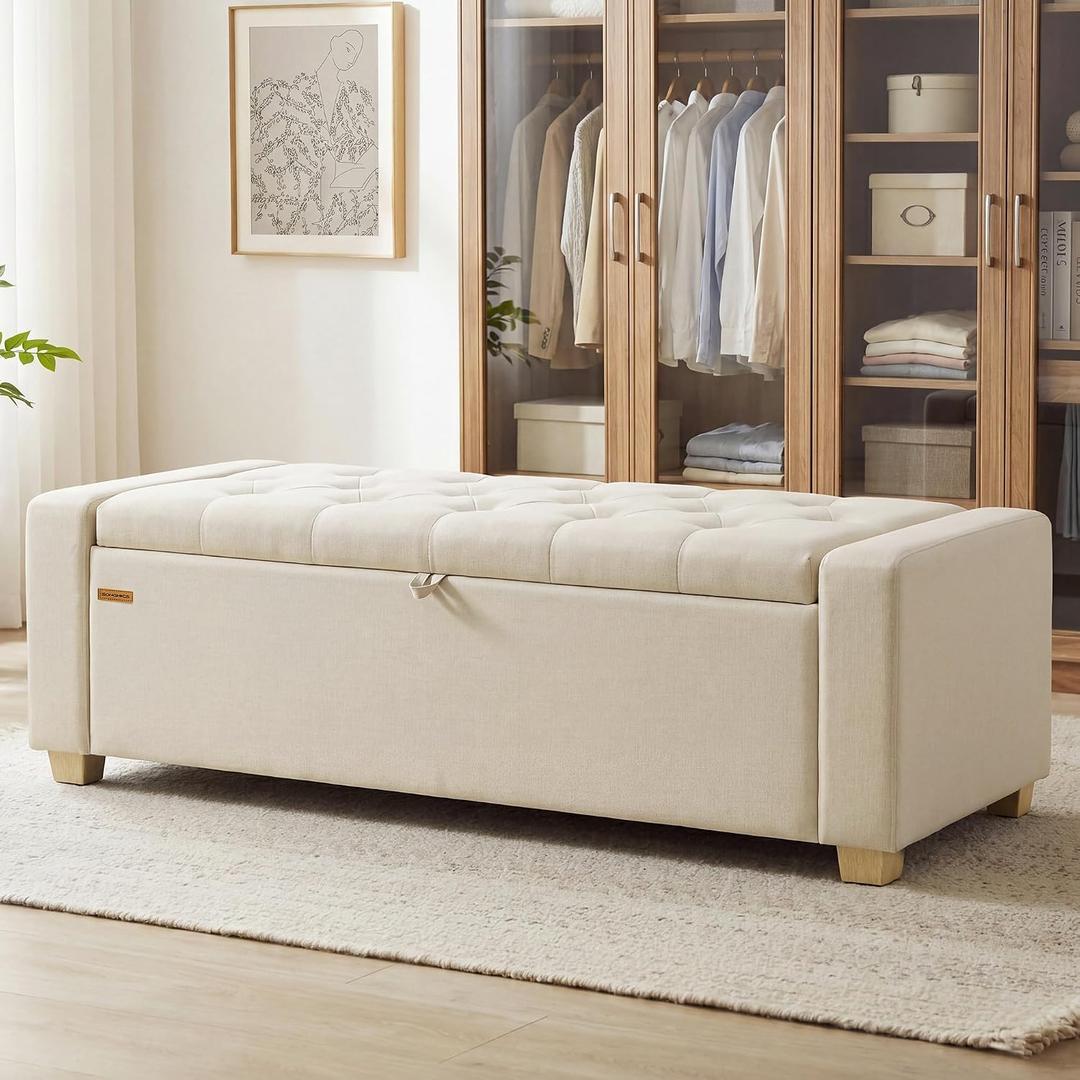 SONGMICS Storage Ottoman, 48 Inches Long Bed End Stool, Solid Wood Legs, 19.7"D x 47.6"W x 16.5"H