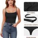 MANGOPOP Women's Cami Thong Bodysuit Double Lined Square Neck Backless Body Suit Adjustable Spaghetti Strap Tank Tops (Black, L)