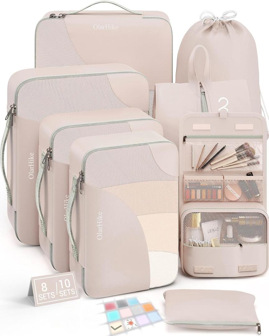 6 Set Packing Cubes for Travel, Gifts for Women Mom,Anti-Tearing Suitcase Organizer for Luggage with Shoe & Hanging Toiletry Bag,OlarHike Vacation Essentials & Accessories for Cruise Ship,Cream