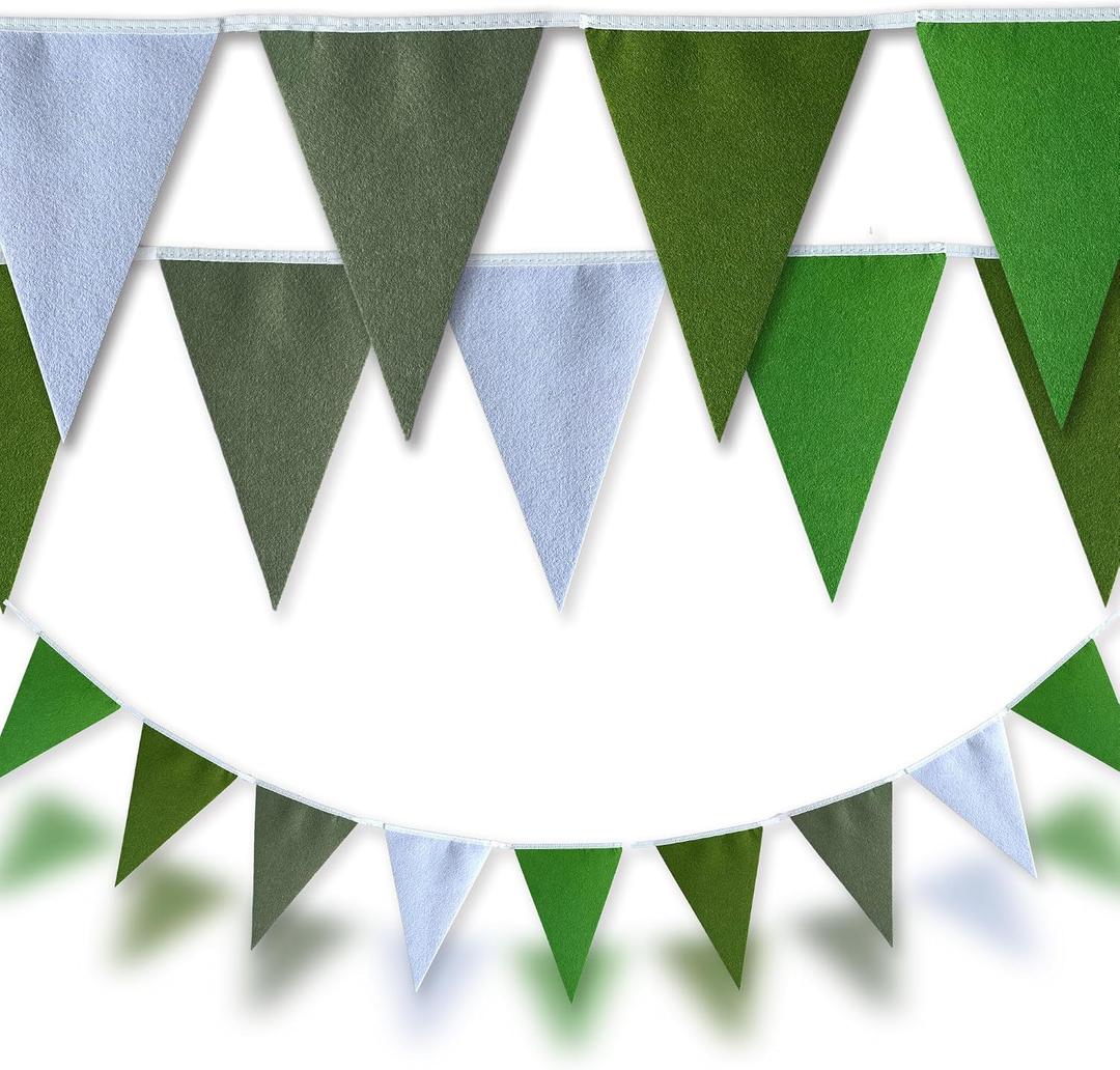 Dinosaur & Garden Party Gradient Green Felt Triangle Pennant Banner Garland Party Decoration Flags for Birthday, Wedding, Baby Shower, Arbor Day, Summer Golf & Outdoor Events, 32ft (9" x 6.5" Flags)