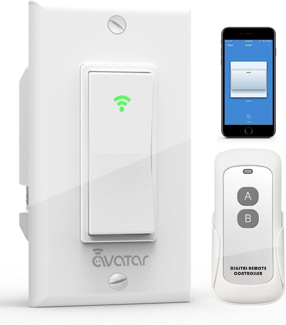 Smart Switch with App & Remote Control, Alexa Light Switch Single-Pole, 2.4GHz Wi-Fi Timer Wall Switch Compatible with Alexa Google Home, Neutral Wire Needed, No Hub Required (1 Pack)