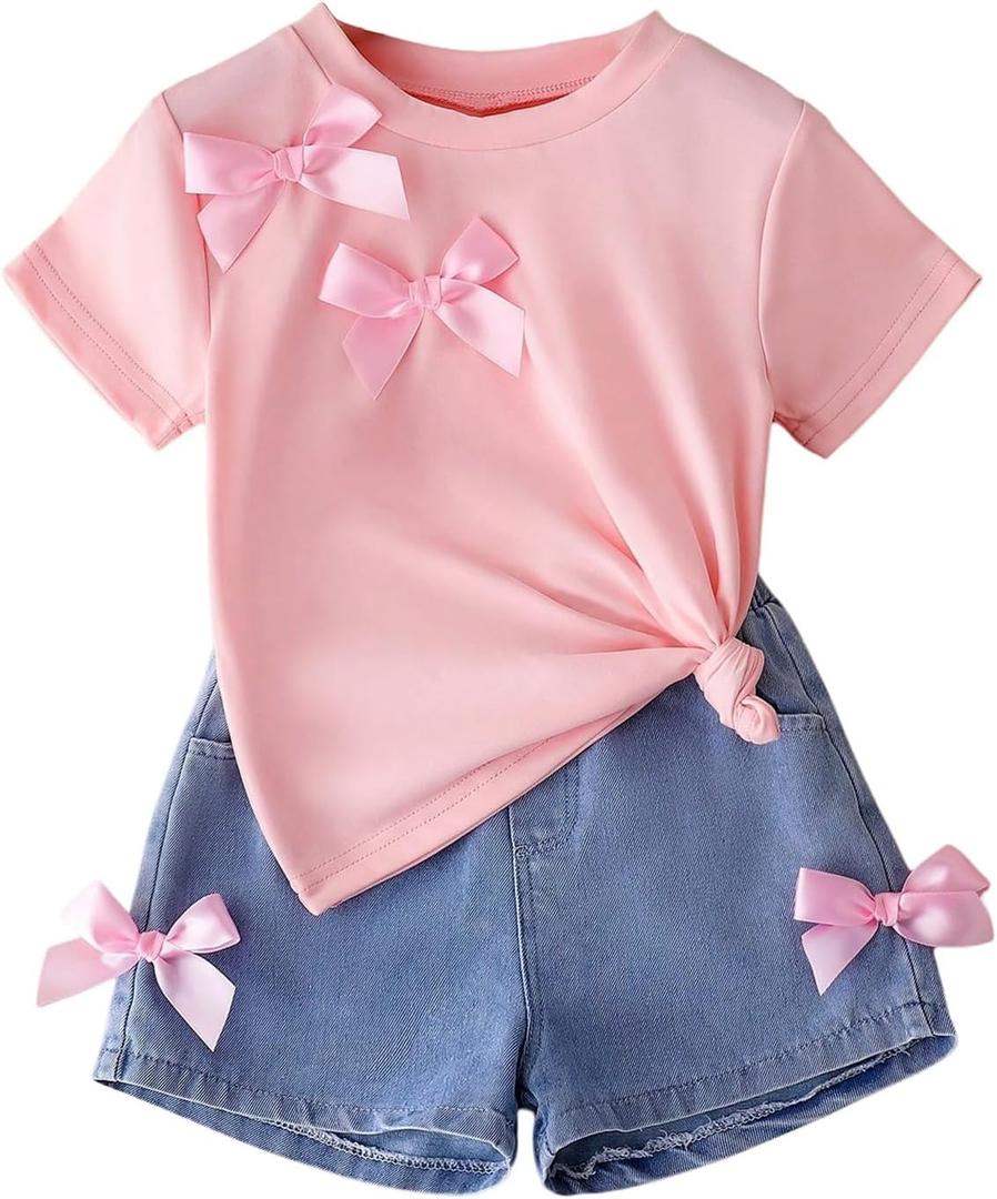 WDIRARA Toddler Girls 2 Piece Bow Knot Cute Summer Outfits Short Sleeve T Shirt and Denim Shorts Sets (Pink)