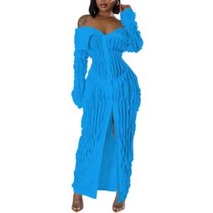 LETSVDO Women's Maxi Off Shoulder Dress Long Sleeve Button Down Ruffle Mesh Bodycon Sexy Dresses Stretchy (XX-Large, 1-blue)