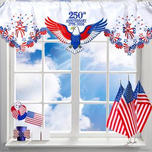 Embroidered Patriotic 250 Anniversary Kitchen Curtain Valance 58 x 14 Inch 4th of July 250 Years of Freedom Red White Blue Eagle Window Treatment Valance Curtain for Independence Day
