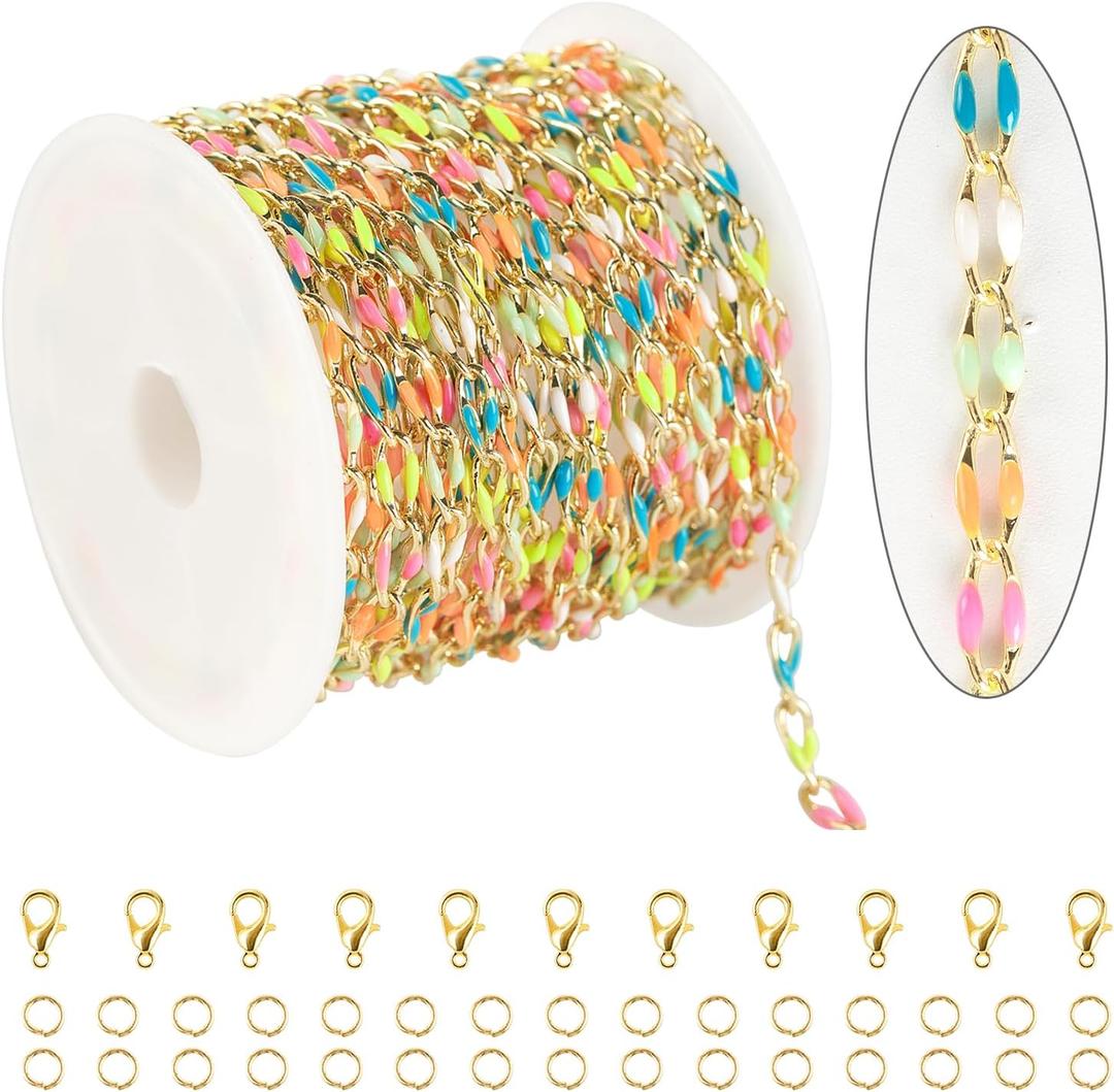 KYUNHOO 4 Meters Colorful Oil Drip Cable Chain for Jewelry Making, 16K Gold Plated Brass Chain Mixed Color Enamel Chain Necklace Women Bracelet DIY Jewelry Supplies Findings