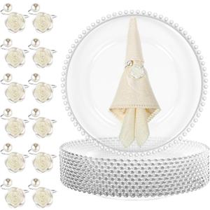 Tioncy 12 Set Clear Charger Plates with Napkin Rings 13 Inch Plastic Round Charger Plates with Bead Rim Dinner Table Decor for Christmas Holiday Party Wedding Tabletop Decoration(Rose,Silver)