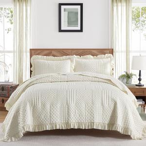 DJY Beige Cream King Set Ruffled Quilt Set 3 Pieces Reversible Ultrasonic Quilt with Classic Patchwork Pattern, Soft Microfiber Reversible Bedspread All Seasons Bedding Set 104"x90"